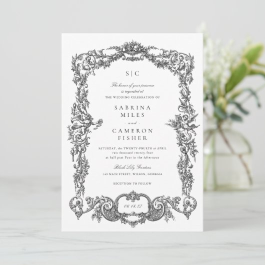 Elegante Vintage barocke Blumenzarge Einladung (Stehend Vorderseite)