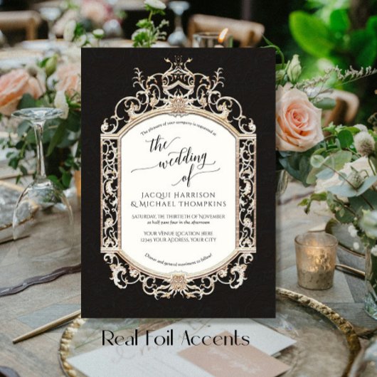 Elegante Vintage Barockrolle Schwarz-Weiß Folieneinladung