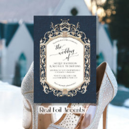 Elegante Vintage Barockrollen Navy Blue Gold Folieneinladung