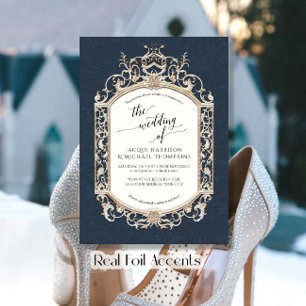 Elegante Vintage Barockrollen Navy Blue Gold Folieneinladung