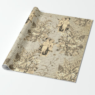 Elegante Vintage Beige Blume Angels Alte Schrift Geschenkpapier