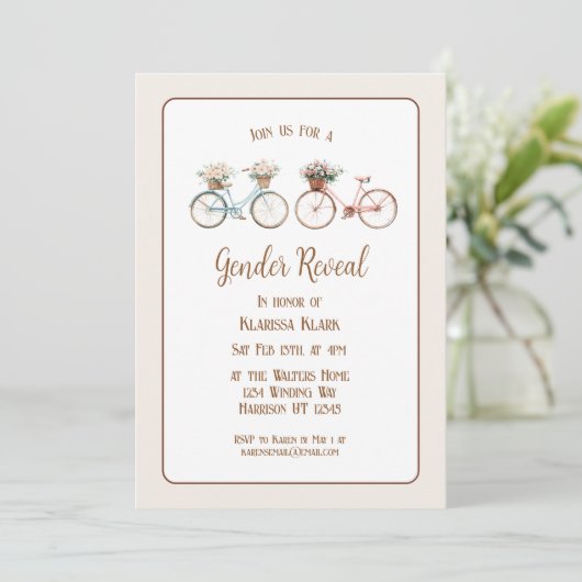 Elegante Vintage Bicycle Gender Reveal Einladung (Stehend Vorderseite)