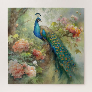 Elegante Vintage Blau Grün Pfau Rosa Blumen Puzzle