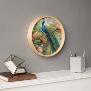 Elegante Vintage Blau Grün Pfau Rosa Blumen  Uhr