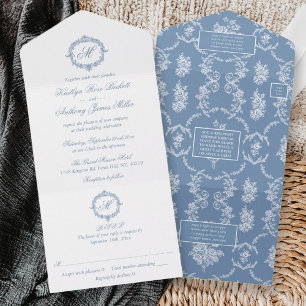 Elegante Vintage-Blau-Toile-Monogramm-Hochzeit All In One Einladung