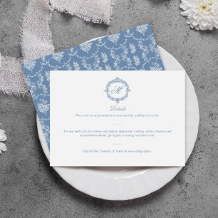 Elegante Vintage-Blau-Toile-Monogramm-Hochzeit Begleitkarte