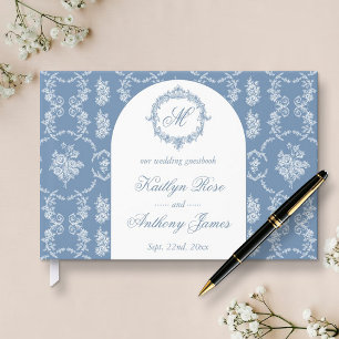 Elegante Vintage-Blau-Toile-Monogramm-Hochzeit Gästebuch