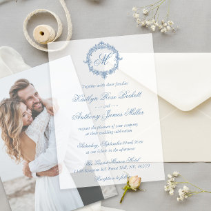 Elegante Vintage-Blau-Toile-Monogramm-Hochzeit Pergament Einladungen