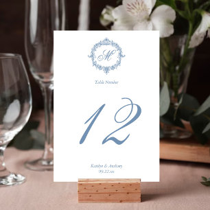 Elegante Vintage-Blau-Toile-Monogramm-Hochzeit Tischnummer