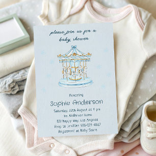 Elegante Vintage-Blau- und Gold-Karussell-Baby-Par Einladung