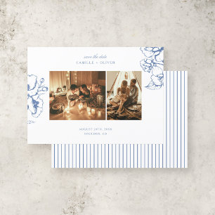 Elegante Vintage Blaue Blumengarten Foto Hochzeit Save The Date