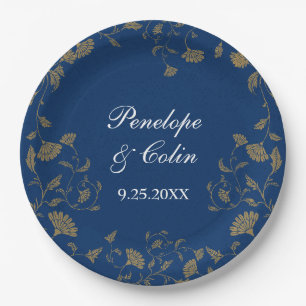 Elegante Vintage Blaue Braut Bräutigam Namen Hochz Pappteller