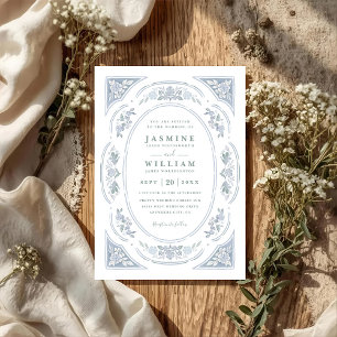 Elegante Vintage Blaue Florale Chic QR-Code-Hochze Einladung