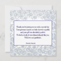 Elegante Vintage Blaue Toile-Baby-Shower-Dankeschö