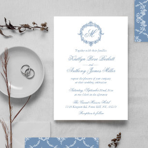 Elegante Vintage Blaue Toile Monogramm Hochzeit Einladung
