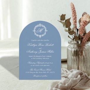 Elegante Vintage- Blaue Toile-Monogramm-Hochzeit Einladung