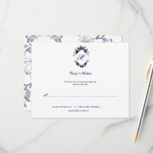 Elegante Vintage Blaue Toile Monogramm Hochzeit RSVP Karte