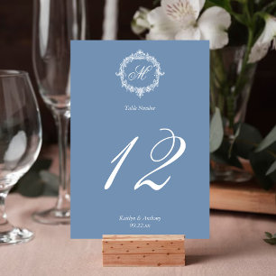 Elegante Vintage Blaue Toile Monogramm Hochzeit Tischnummer