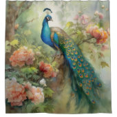 Elegante Vintage blaugrüne Pfauenrosa Blume Duschvorhang (Vorderseite)