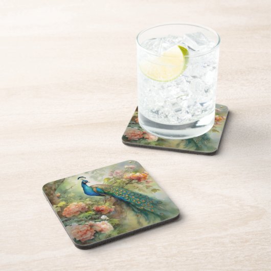 Elegante Vintage blaugrüne Pfauenrosa Blume Getränkeuntersetzer (Rechte Seite)