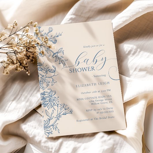 Elegante Vintage Blue Beige Babydusche Einladung
