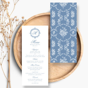 Elegante Vintage-Blue-Toile-Monogramm-Hochzeitsmen Menükarte