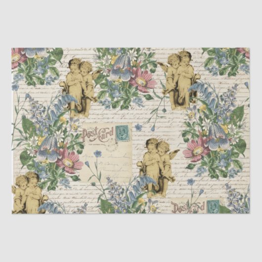 Elegante Vintage Blume Cherubs Altes Skript Seidenpapier (Vorderseite)