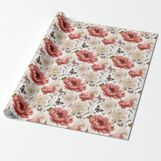 Elegante Vintage Blume mit Schmetterlingen Geschenkpapier (Ungerollt)