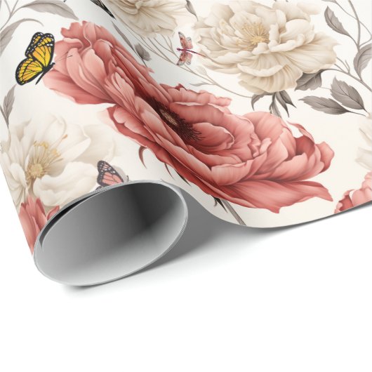 Elegante Vintage Blume mit Schmetterlingen Geschenkpapier (Rolleneckpunkt)