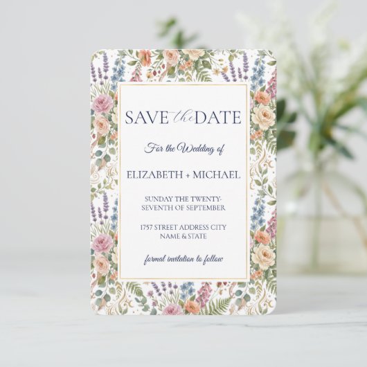 Elegante Vintage-Blumen Botanik Save The Date (Stehend Vorderseite)