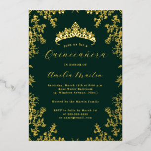 Elegante Vintage-Blumen-Gold-Smaragd-Quinceanera  Folieneinladung
