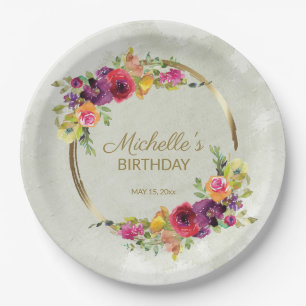 Elegante Vintage-Blumen-Goldrahmen Damen-Geburtsta Pappteller