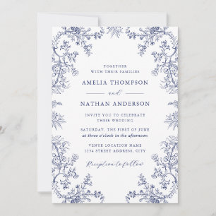 Elegante Vintage-Blumen-Hochzeit in Marineblau Einladung