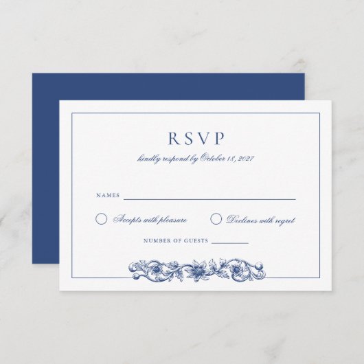Elegante Vintage Blumen Navy Blue Wedding RSVP Einladung (Vorne/Hinten)