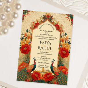 Elegante Vintage-Blumen-Pfau-Indische Hochzeit Einladung