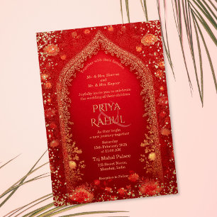 Elegante Vintage-Blumen-Rot-Gold-indische Hochzeit Einladung