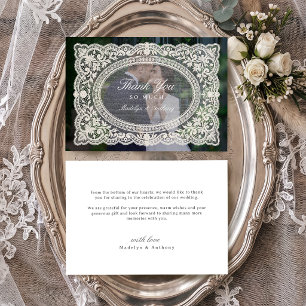 Elegante Vintage-Blumen-Spitzenrahmen-Foto-Hochzei Dankeskarte
