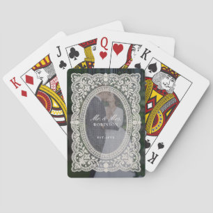 Elegante Vintage-Blumen-Spitzenrahmen-Foto-Hochzei Spielkarten