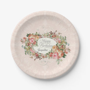 Elegante Vintage Blush Rose Floral Bouquet Damask Pappteller