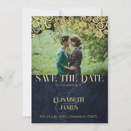 Elegante Vintage Boho Wirbel Navy Blue und Gold Save The Date