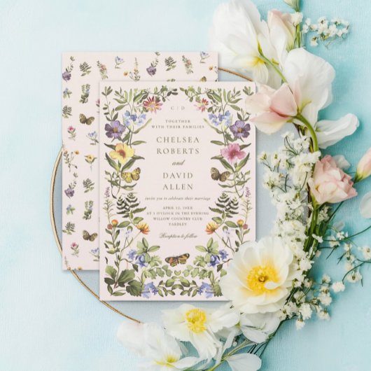 Elegante Vintage botanische Wildblumen Hochzeit Einladung