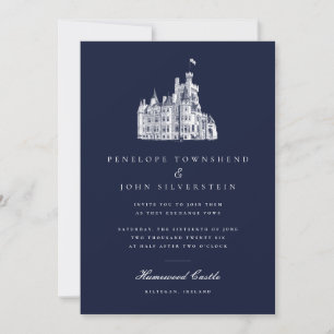 Elegante Vintage-Burg-Illustration Blaue Hochzeit Einladung