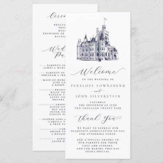 Elegante Vintage-Burg-Illustration Hochzeit Programm (Vorne/Hinten)