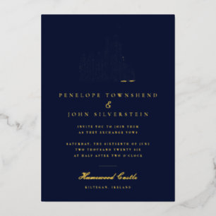 Elegante Vintage-Burg-Illustration Navy-Hochzeit Folieneinladung