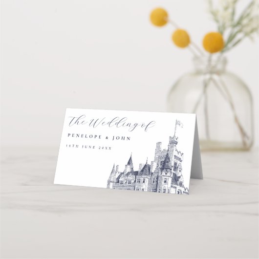 Elegante Vintage Burg Platzkarte (Rückseite)