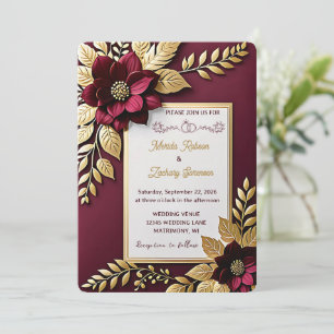 Elegante Vintage Burgund und Gold Blumenhochzeit Einladung
