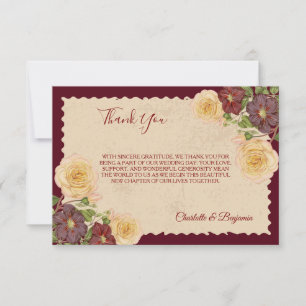 Elegante Vintage-Burgunder-Hochzeits-Dankeskarten Einladung