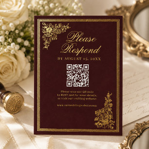 Elegante Vintage-Burgunder-Regency-Hochzeits-RSVP- Folie Einladungspostkarte
