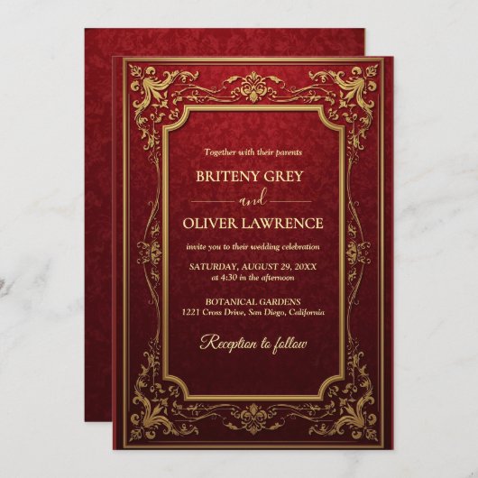 Elegante Vintage Burgunder Rot- und Goldhochzeit Einladung (Vorne/Hinten)