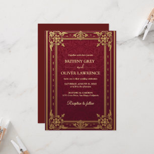 Elegante Vintage Burgunderrote und Goldene Hochzei Einladung
